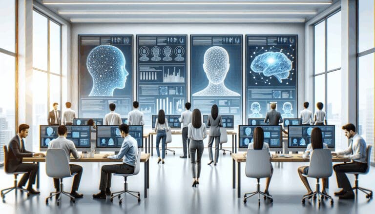 Desarrolladores trabajando con pantallas que muestran modelos de inteligencia artificial y datos en un entorno moderno y luminoso.