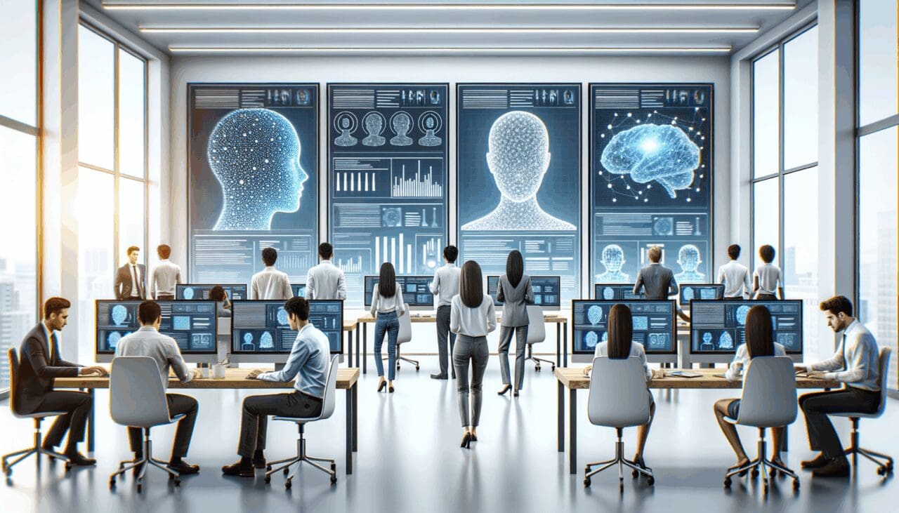 Desarrolladores trabajando con pantallas que muestran modelos de inteligencia artificial y datos en un entorno moderno y luminoso.