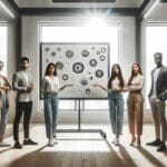 Grupo diverso de jóvenes emprendedores presentando una idea tecnológica en un salón moderno y luminoso.