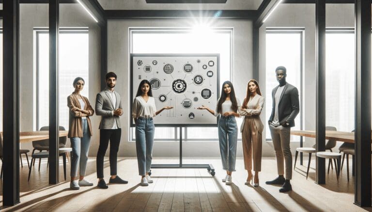 Grupo diverso de jóvenes emprendedores presentando una idea tecnológica en un salón moderno y luminoso.