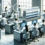 Primer plano de un laboratorio tecnológico moderno, científicos trabajando con muestras y equipos de última generación.