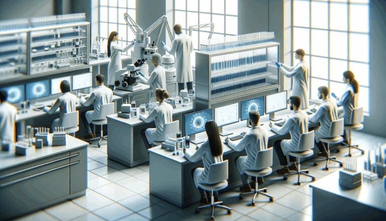 Primer plano de un laboratorio tecnológico moderno, científicos trabajando con muestras y equipos de última generación.