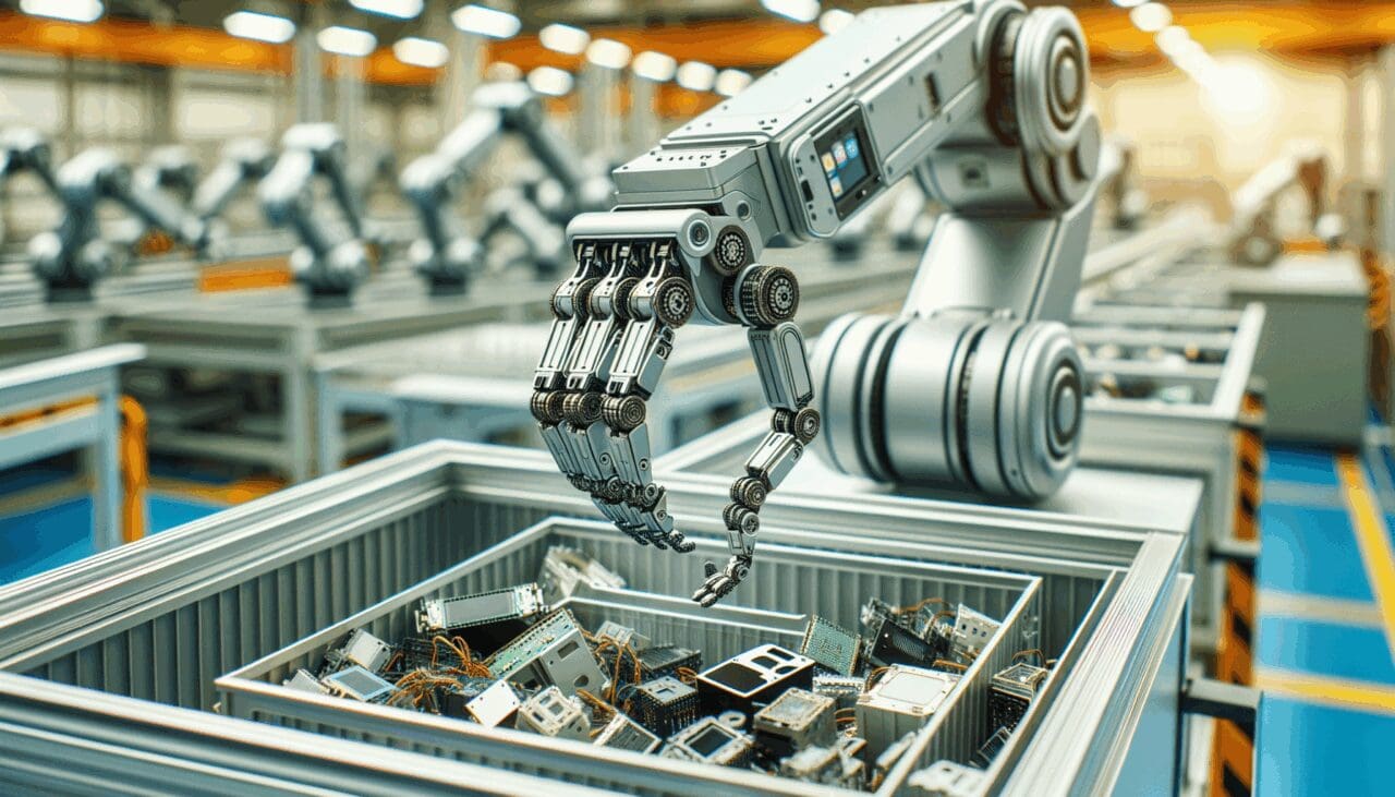 Primer plano de un brazo robótico clasificando residuos electrónicos en una planta tecnológica