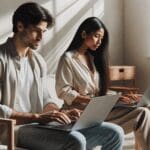 Jóvenes profesionales trabajando desde laptops en casa, ambiente moderno minimalista, luz natural.