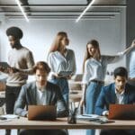 Grupo diverso de emprendedores reunidos en un moderno espacio de coworking con laptops y pizarras digitales.