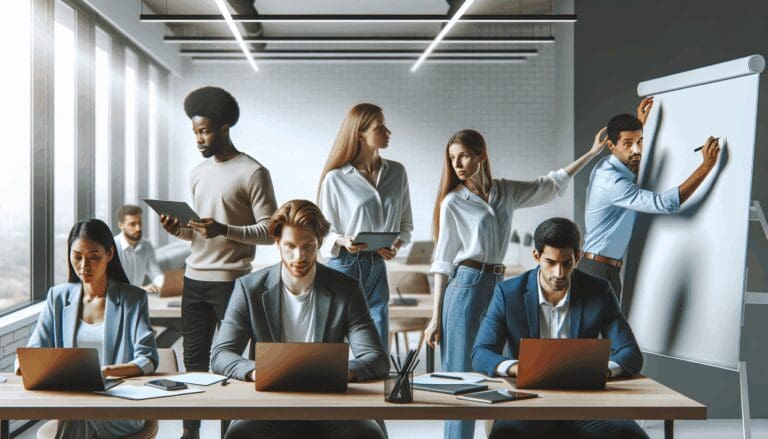 Grupo diverso de emprendedores reunidos en un moderno espacio de coworking con laptops y pizarras digitales.