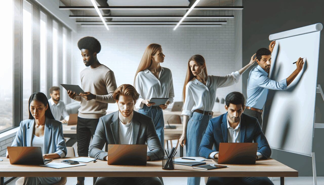 Grupo diverso de emprendedores reunidos en un moderno espacio de coworking con laptops y pizarras digitales.