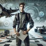 Piloto joven en un box de carreras, tecnología y automovilismo de fondo, ambiente dinámico y moderno.