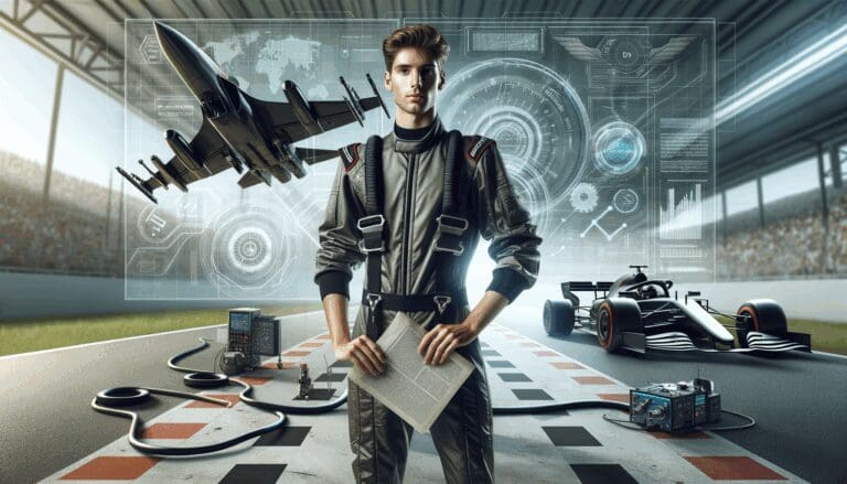 Piloto joven en un box de carreras, tecnología y automovilismo de fondo, ambiente dinámico y moderno.