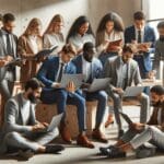 Emprendedores reunidos en un espacio moderno, trabajando en laptops y conversando sobre ideas de negocio.