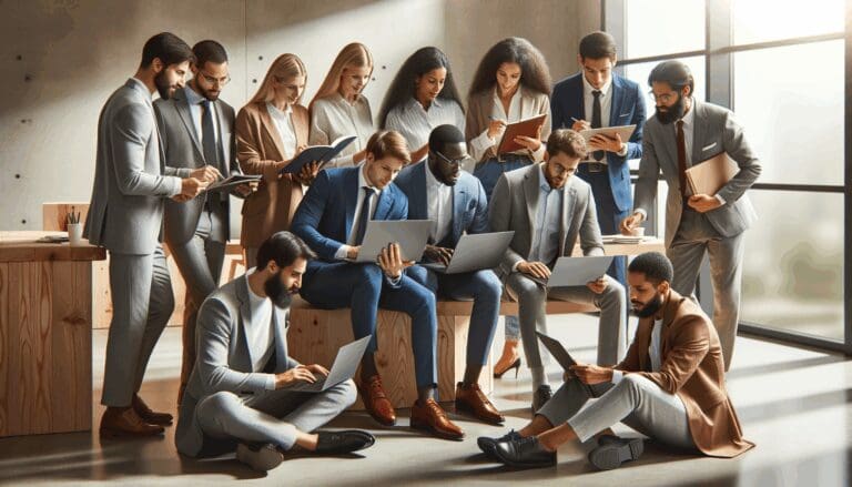 Emprendedores reunidos en un espacio moderno, trabajando en laptops y conversando sobre ideas de negocio.