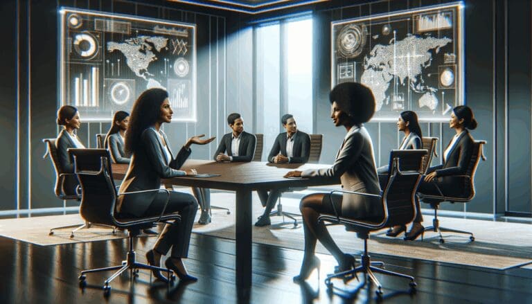 Dos emprendedoras en discusión con inversionistas en una moderna sala de juntas, fondo neutro tecnológico.