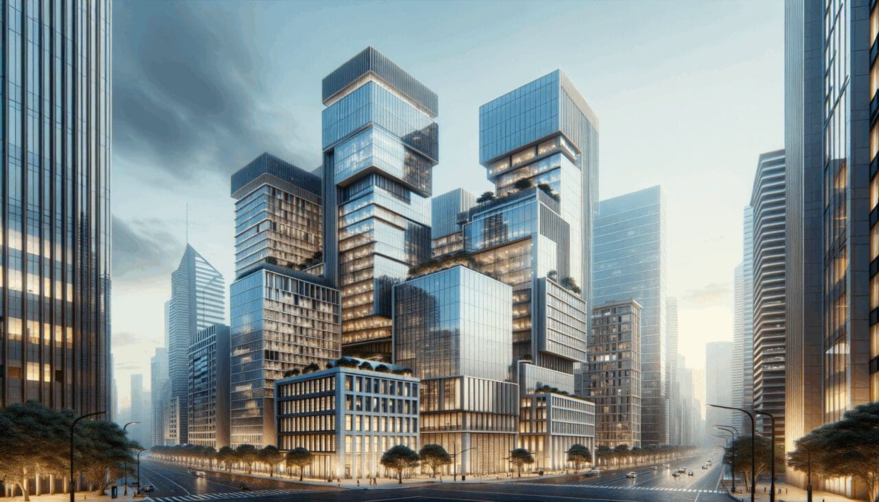 Oficinas modernas en un entorno urbano en Perú, representando expansión tecnológica.