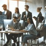 Equipo diverso de emprendedores tecnológicos colaborando en una oficina moderna con ordenadores.