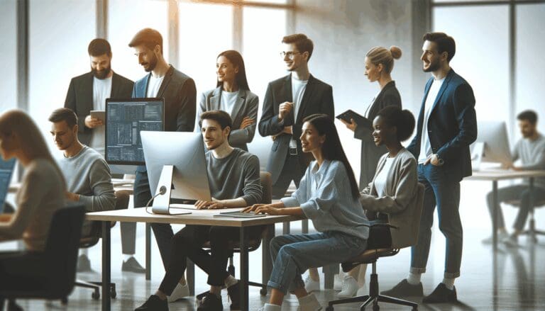 Equipo diverso de emprendedores tecnológicos colaborando en una oficina moderna con ordenadores.