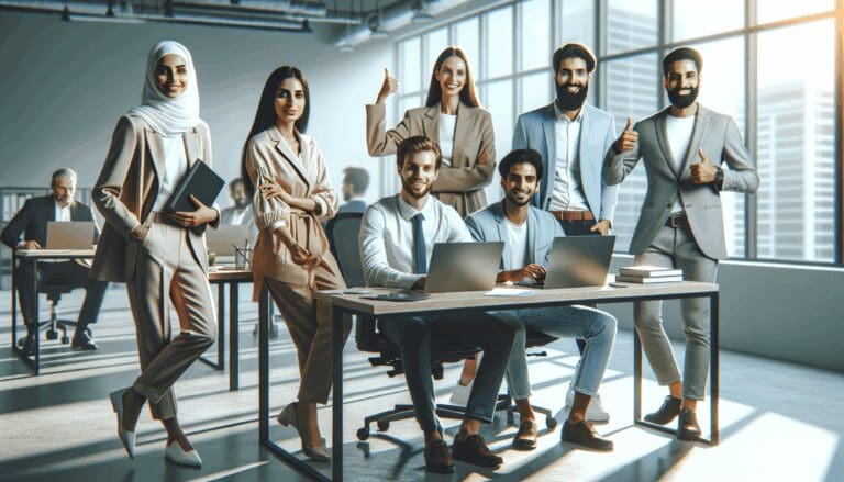 Representación de emprendedores colaborando en un espacio moderno de coworking.