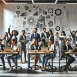 Grupo de jóvenes emprendedores colaborando frente a laptops en un espacio de coworking moderno con fondo tecnológico.