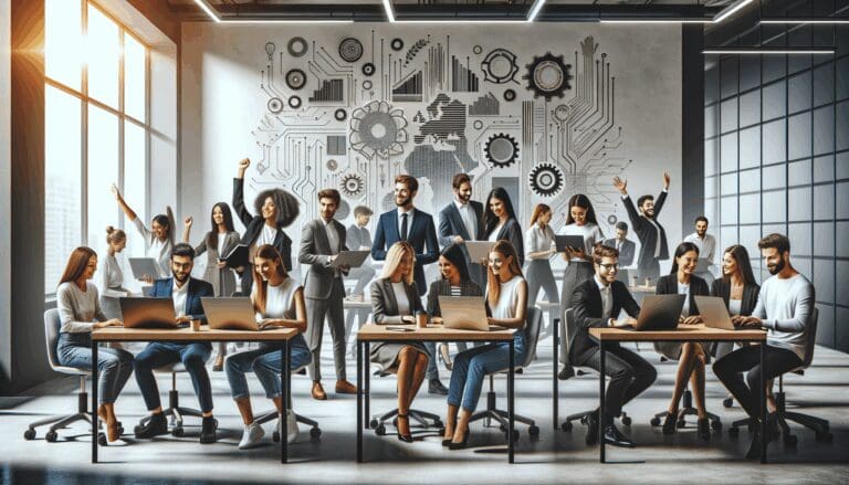 Grupo de jóvenes emprendedores colaborando frente a laptops en un espacio de coworking moderno con fondo tecnológico.