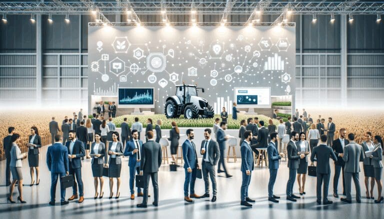 Innovadoras startups agrícolas presentando soluciones tecnológicas en una feria internacional, con stands modernos y público especializado.