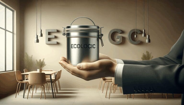 Manos sosteniendo envases ecológicos sobre fondo neutro en un espacio moderno.