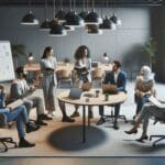 Grupo diverso de personas en un espacio coworking moderno, discutiendo frente a laptops y pizarras.