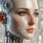 Primer plano de un avatar digital hiperrealista con gestos faciales humanos sobre fondo neutro y tecnológico.