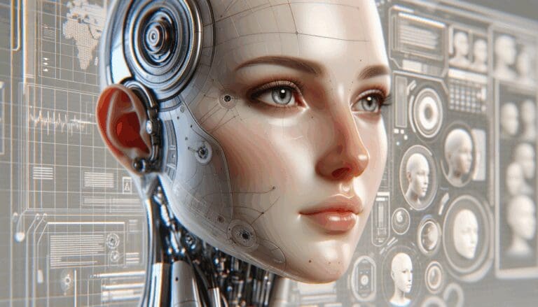 Primer plano de un avatar digital hiperrealista con gestos faciales humanos sobre fondo neutro y tecnológico.