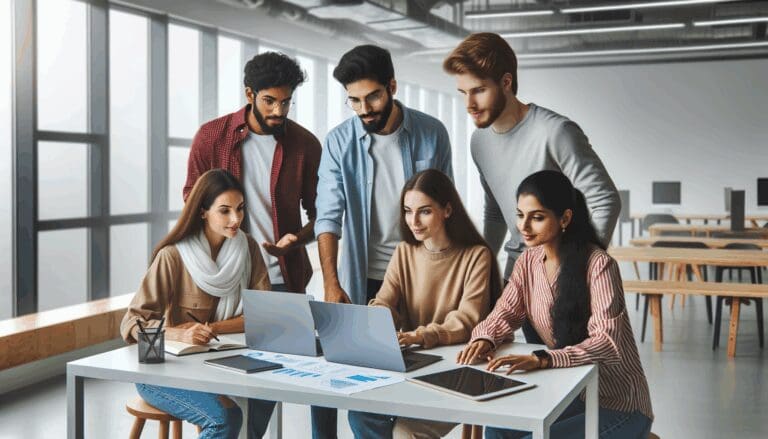 Grupo diverso de jóvenes emprendedores colaborando alrededor de una mesa con laptops y material tecnológico en un coworking luminoso.