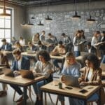 Personas jóvenes trabajando en un espacio de coworking moderno con pizarras y laptops.