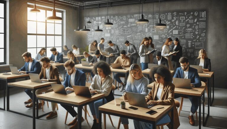 Personas jóvenes trabajando en un espacio de coworking moderno con pizarras y laptops.