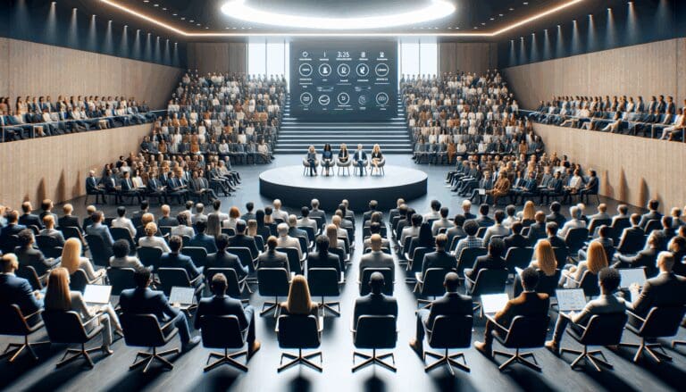 Auditorio moderno repleto de emprendedores y jurados frente a una gran pantalla durante una competencia de startups.