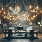 Un estudio de música moderno con computadoras, cables y luces tenues, mostrando un ambiente colaborativo e innovador.