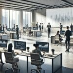 Oficina moderna con personas colaborando frente a computadoras y gráficos digitales en pantalla.