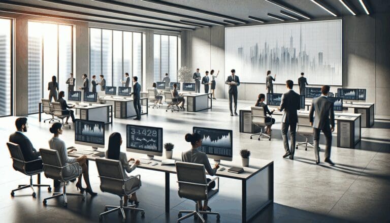 Oficina moderna con personas colaborando frente a computadoras y gráficos digitales en pantalla.