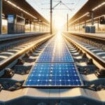 Primer plano de paneles solares instalados entre rieles de tren en una vía férrea europea iluminada por luz solar.