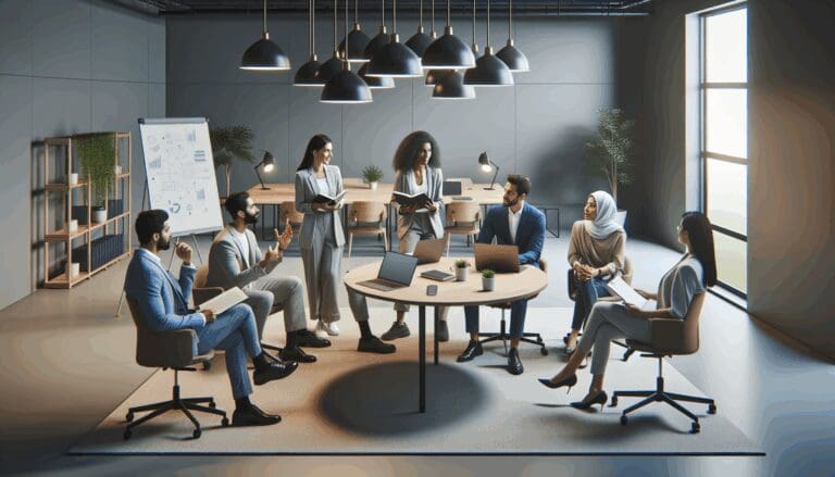 Grupo diverso de personas en un espacio coworking moderno, discutiendo frente a laptops y pizarras.