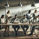 Sala de reuniones moderna con emprendedores analizando gráficos y laptops.