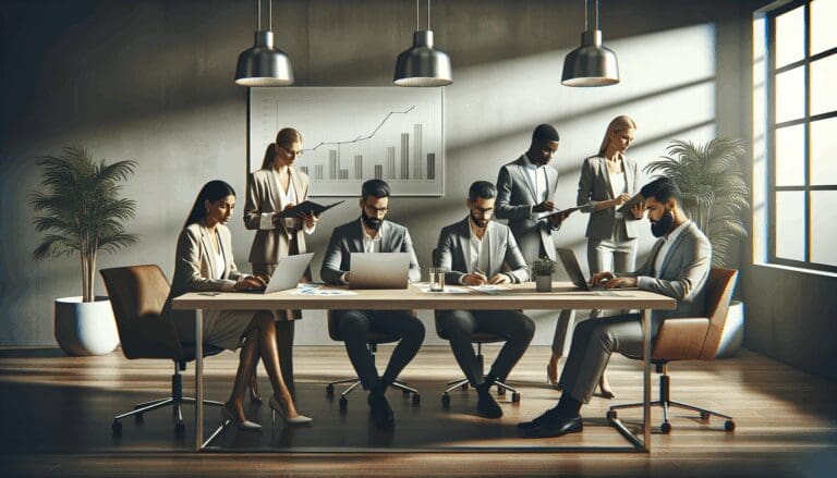 Sala de reuniones moderna con emprendedores analizando gráficos y laptops.