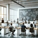 Oficinas modernas con equipos de trabajo colaborando frente a pantallas digitales, ambiente tecnológico.