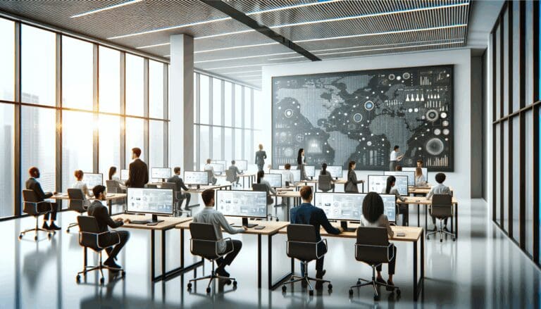 Oficinas modernas con equipos de trabajo colaborando frente a pantallas digitales, ambiente tecnológico.