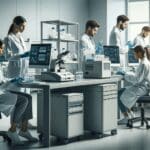 Laboratorio moderno con investigadores trabajando en tecnología médica de vanguardia.