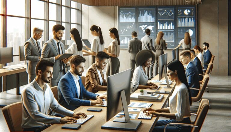 Equipo multicultural trabajando con computadoras y pantallas con gráficos digitales en oficina moderna, fondo neutro.