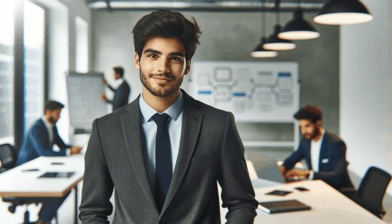 Retrato editorial de un joven fundador en un espacio de coworking moderno, laptops y pizarras técnicas al fondo.