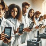 Grupo de jóvenes manipulando dispositivos científicos portátiles en un aula moderna y luminosa.