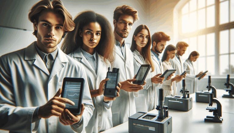 Grupo de jóvenes manipulando dispositivos científicos portátiles en un aula moderna y luminosa.