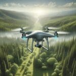Dron en vuelo sobre un bosque realizando tareas de prevención de incendios, fondo natural y tecnológico.
