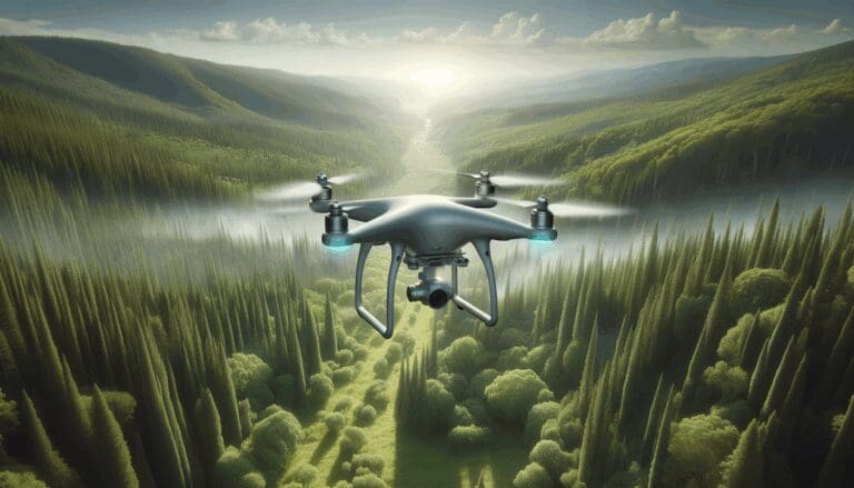 Dron en vuelo sobre un bosque realizando tareas de prevención de incendios, fondo natural y tecnológico.