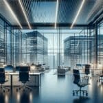 Oficinas modernas con grandes ventanales en distrito financiero, ambiente tecnológico y profesional.