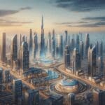 Panorámica de una ciudad moderna con rascacielos y centros de innovación tecnológica al atardecer.