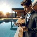 Persona joven con tablet revisando una piscina privada al aire libre en un entorno moderno y soleado.